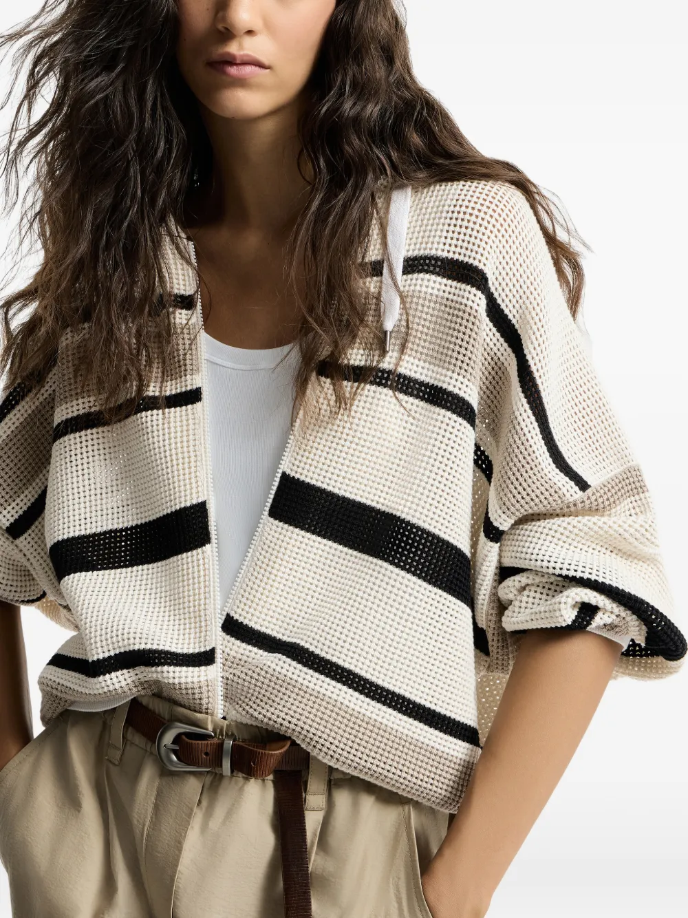 Brunello Cucinelli Gestreept katoenen vest met capuchon en rits Wit
