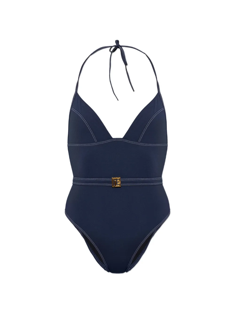 Balmain belted contrast-stitch swimsuit - Blu