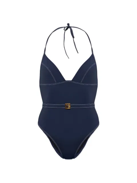 Balmain belted contrast-stitch swimsuit