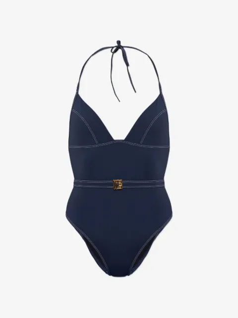 Balmain belted contrast-stitch swimsuit