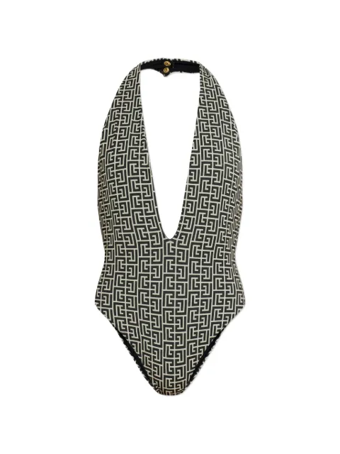 Balmain monogram-pattern halterneck swimsuit