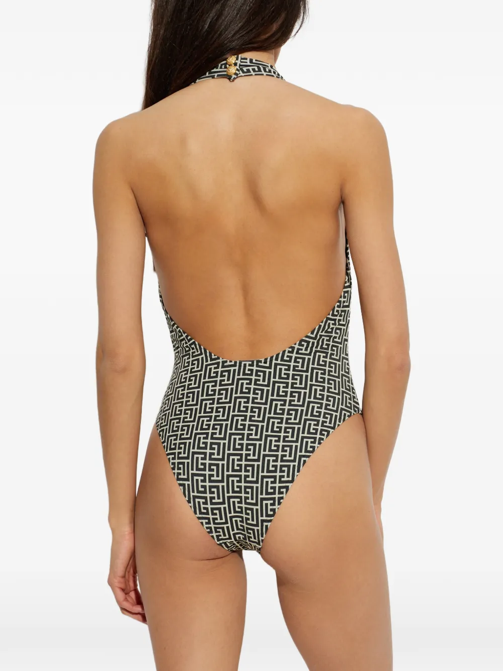 Balmain Badpak met halternek en monogram-print Zwart