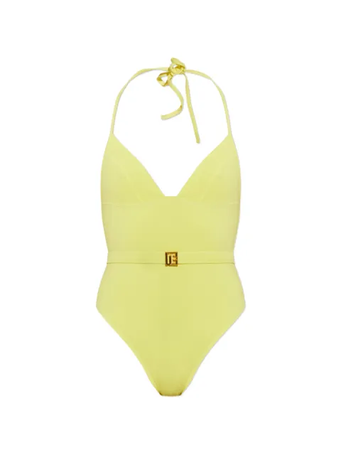 Balmain belted logo-plaque swimsuit