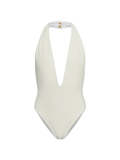 Balmain monogram-jacquard halterneck swimsuit