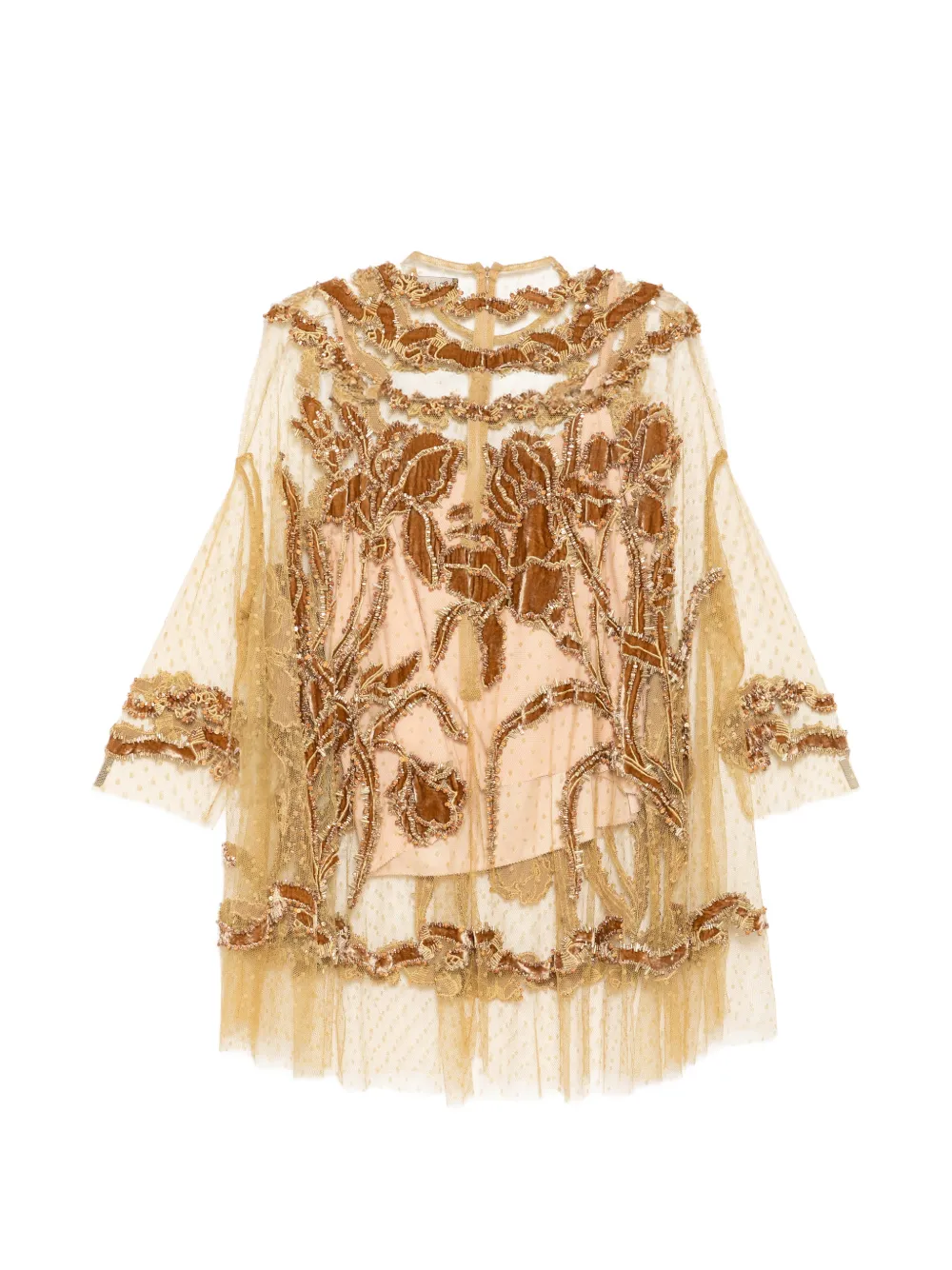 Biyan Top verfraaid met kralen en bloemen-applicatie Beige