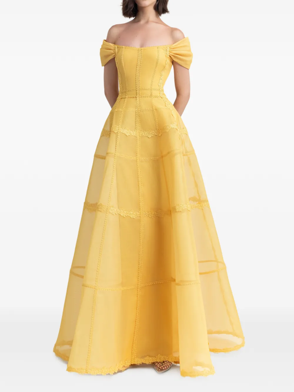 Gemy Maalouf Off-shoulder jurk met afwerking van kant Geel