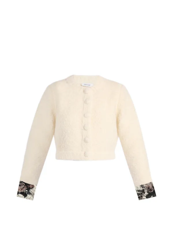 Erdem Bouclé Floral-trim Cardigan in Neutrals