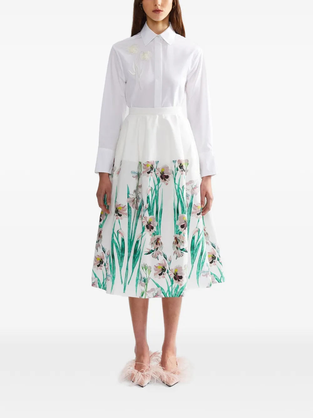 ERDEM floral-print cotton midi skirt Wit