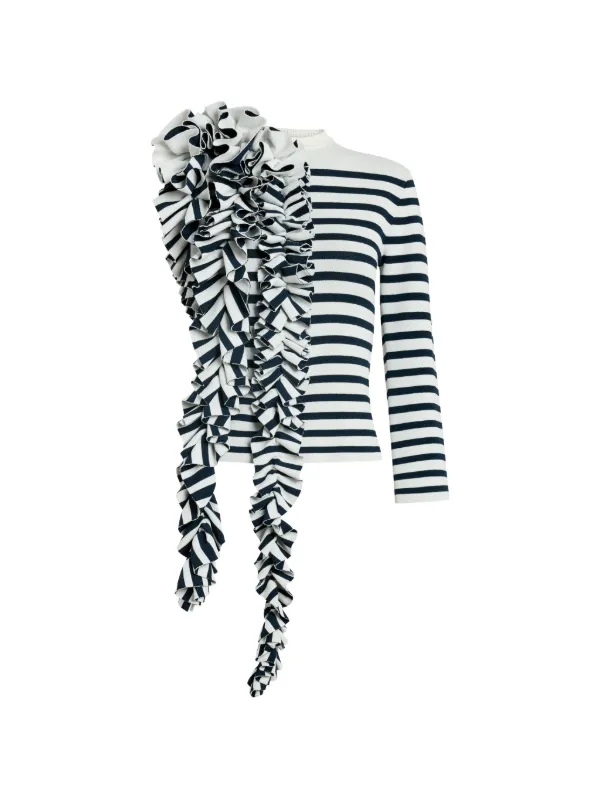 A.W.A.K.E. Mode Ruffled-detail Striped-pattern Top in White