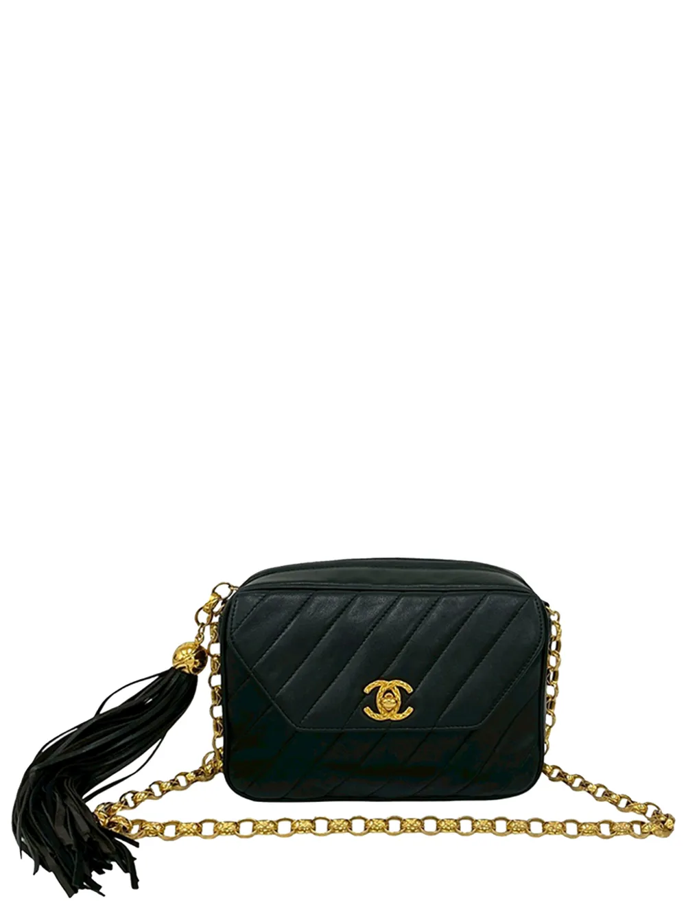 CHANEL Pre-Owned 1991-1994 CC Diagonal Quilted Lambskin Tassel Camera Bag crossbody bag - Black