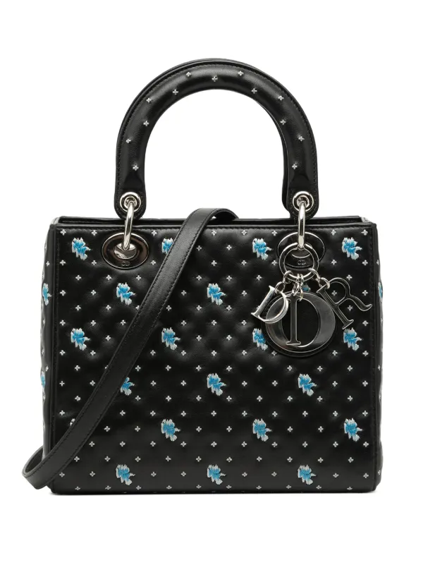 Dior Pre-owned 2015 Medium Calfskin Embroidered Flower Lady Dior Satchel in Black