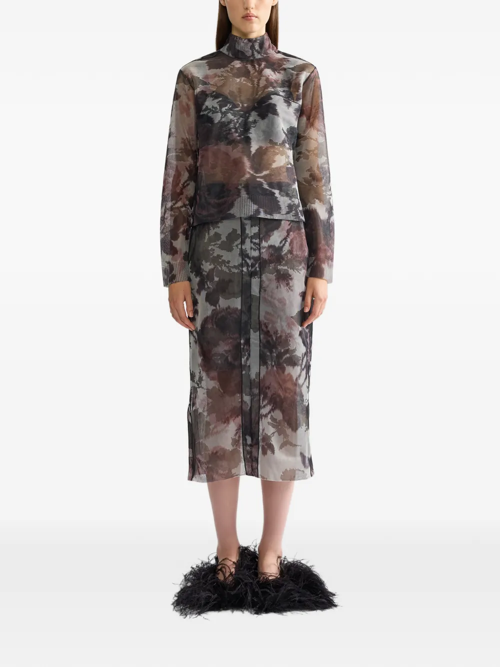 ERDEM floral-print jacquard midi skirt Grijs