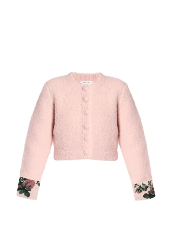 Erdem Bouclé Floral-detail Cardigan in Pink