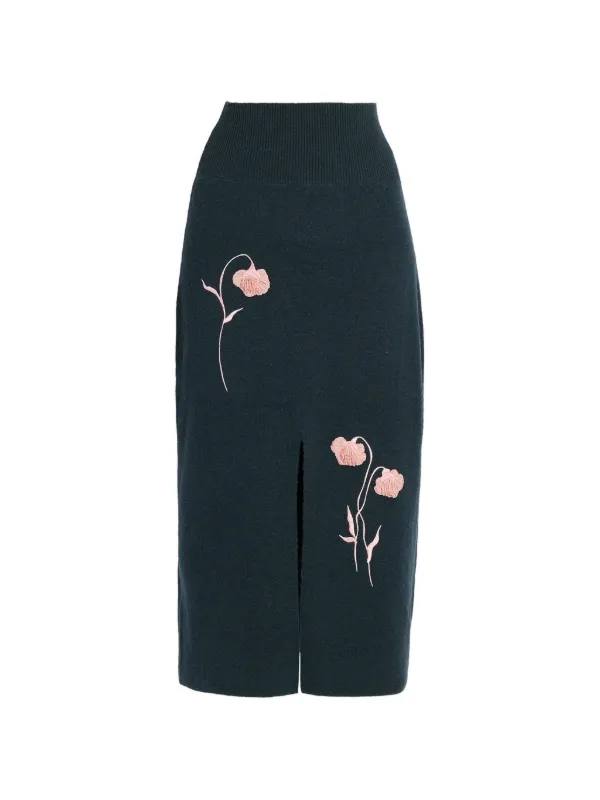 Erdem Embroidered Midi Pencil Knit Skirt in Blue