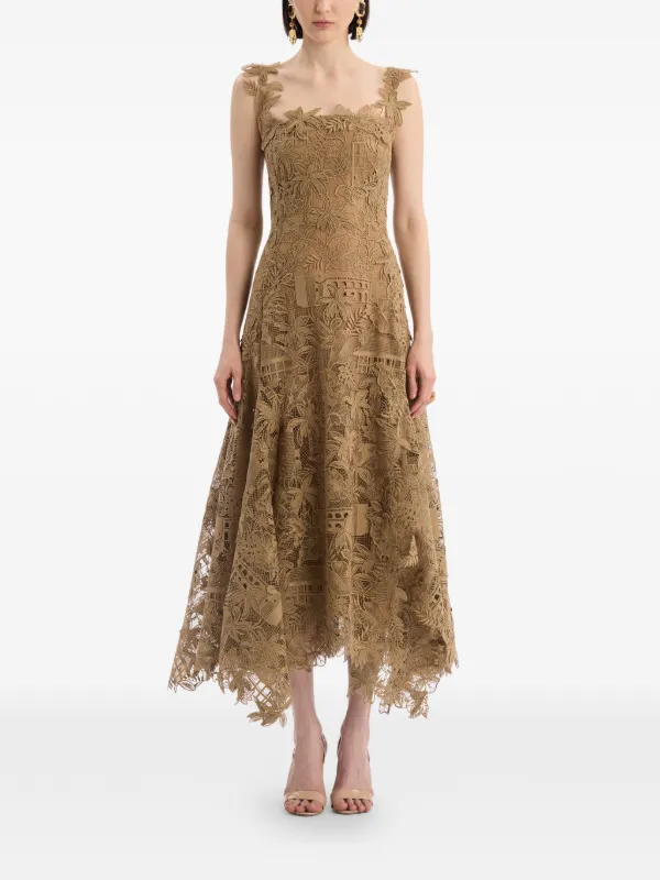 oscar de la renta brown dress Dominican Landscape Guipure 14 painterly composition across this