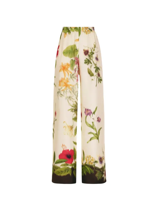 Oscar de la Renta Dominican Mixed-floral Wide Leg Pant in Neutrals