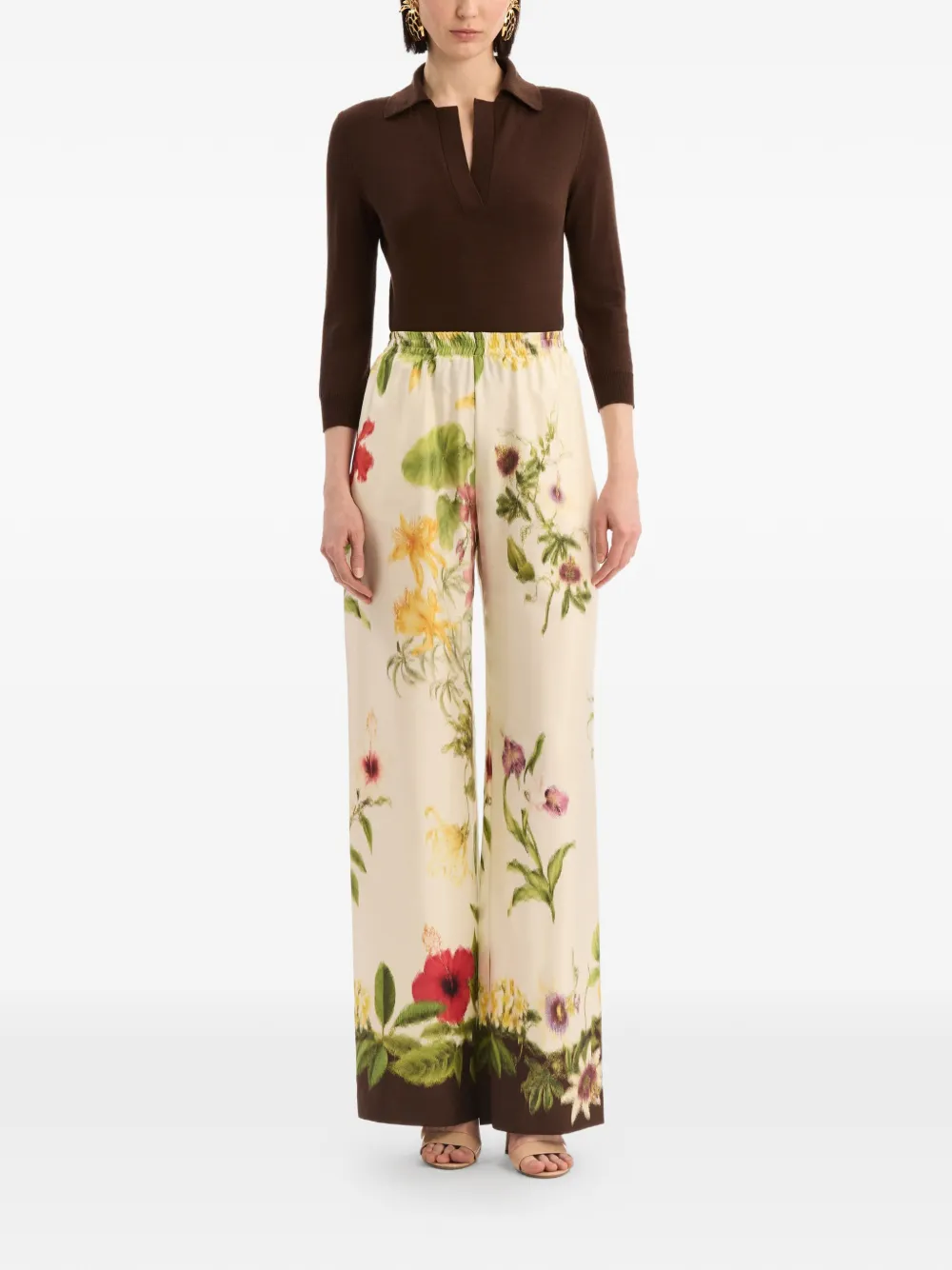 Oscar de la Renta Broek met wijde pijpen en bloemendetails Beige