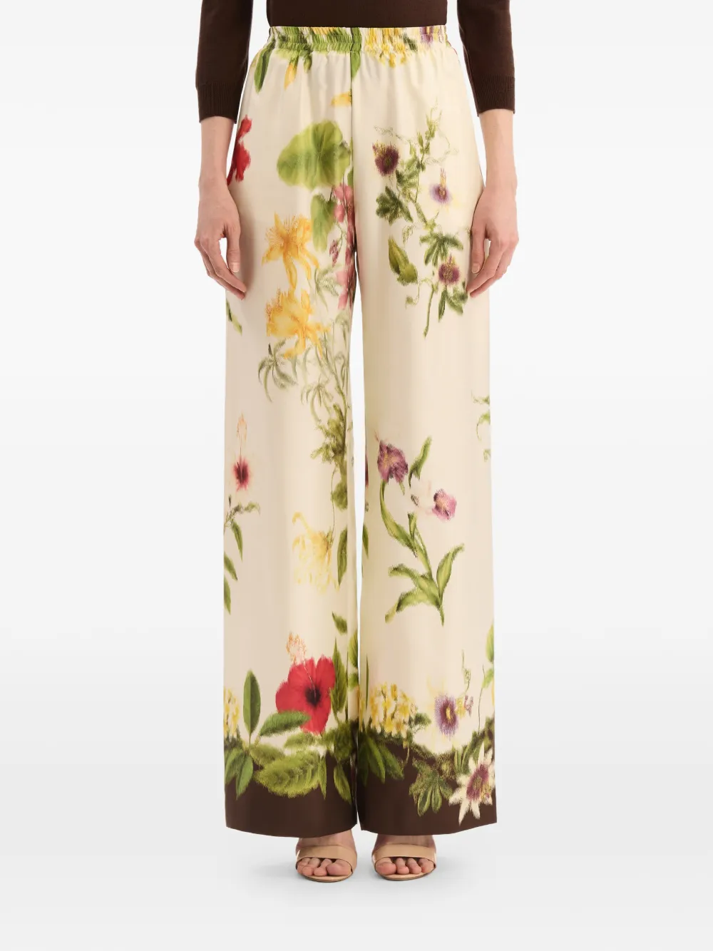 Oscar de la Renta Broek met wijde pijpen en bloemendetails Beige