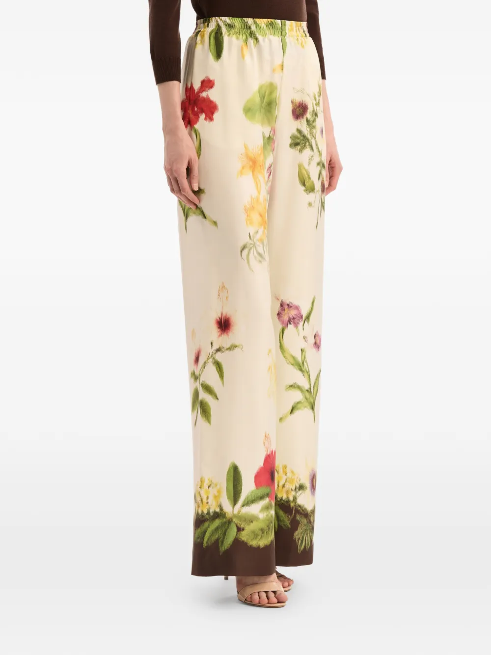 Oscar de la Renta Broek met wijde pijpen en bloemendetails Beige