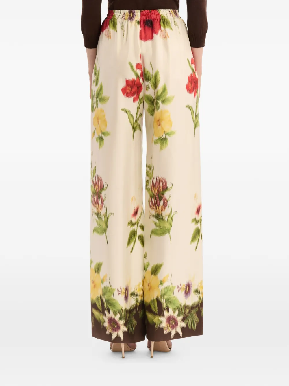 Oscar de la Renta Broek met wijde pijpen en bloemendetails Beige
