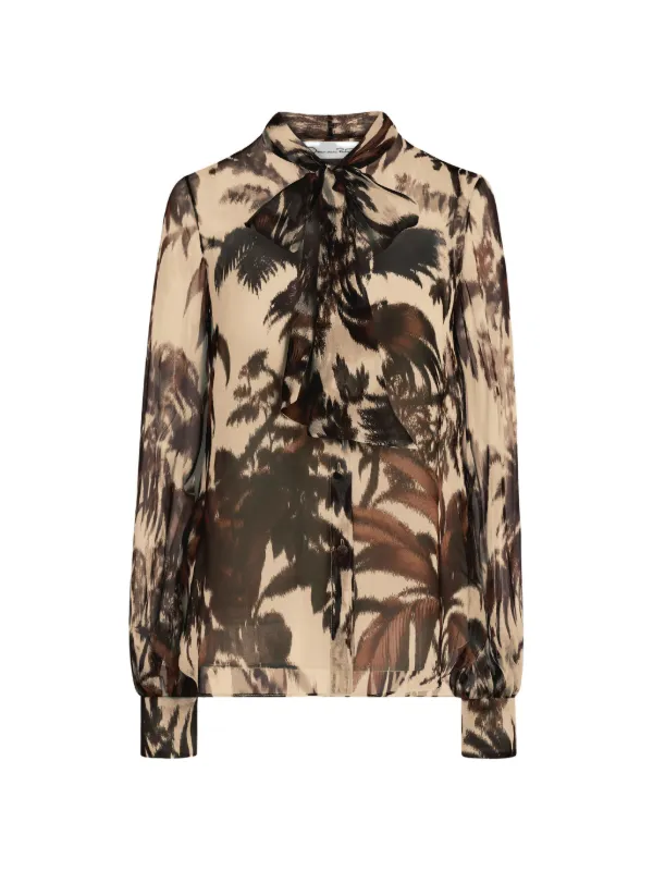 Oscar de la Renta Chiné Palm Leaves Chiffon Blouse in Neutrals