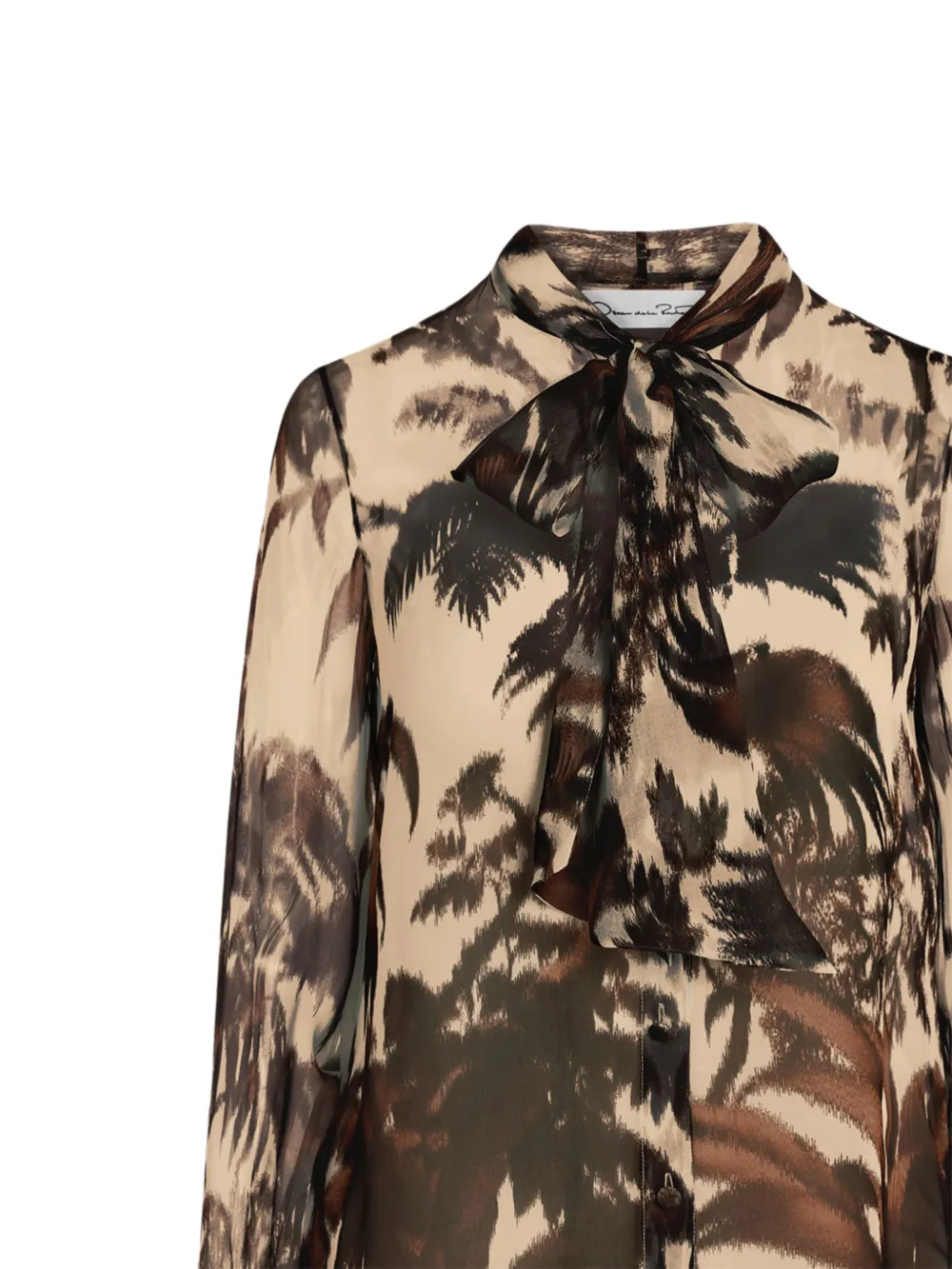 Oscar de la Renta Chiné chiffon blouse met palmbladeren Beige