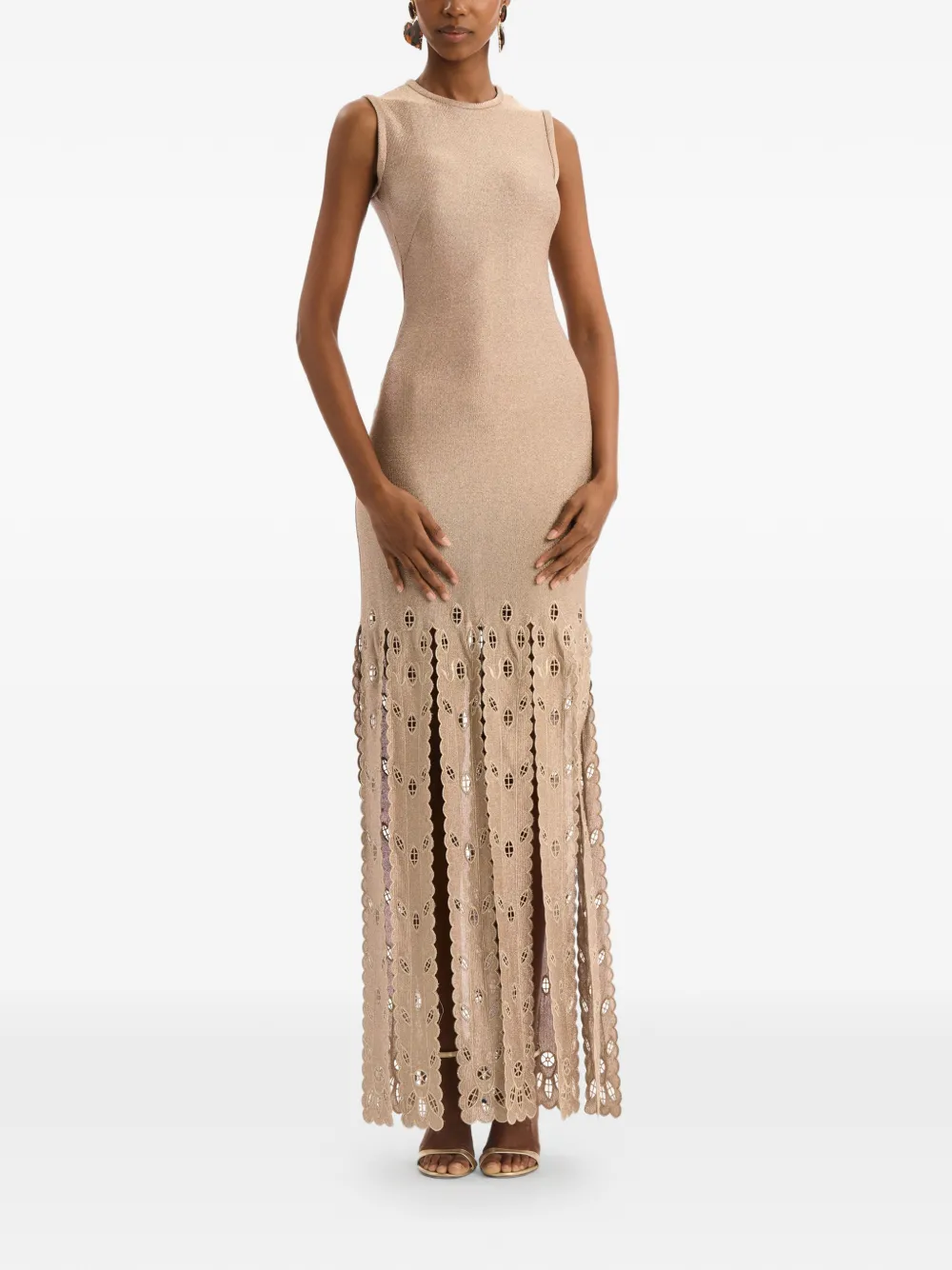 Oscar de la Renta Metallic jersey jurk met franje en ananas Beige