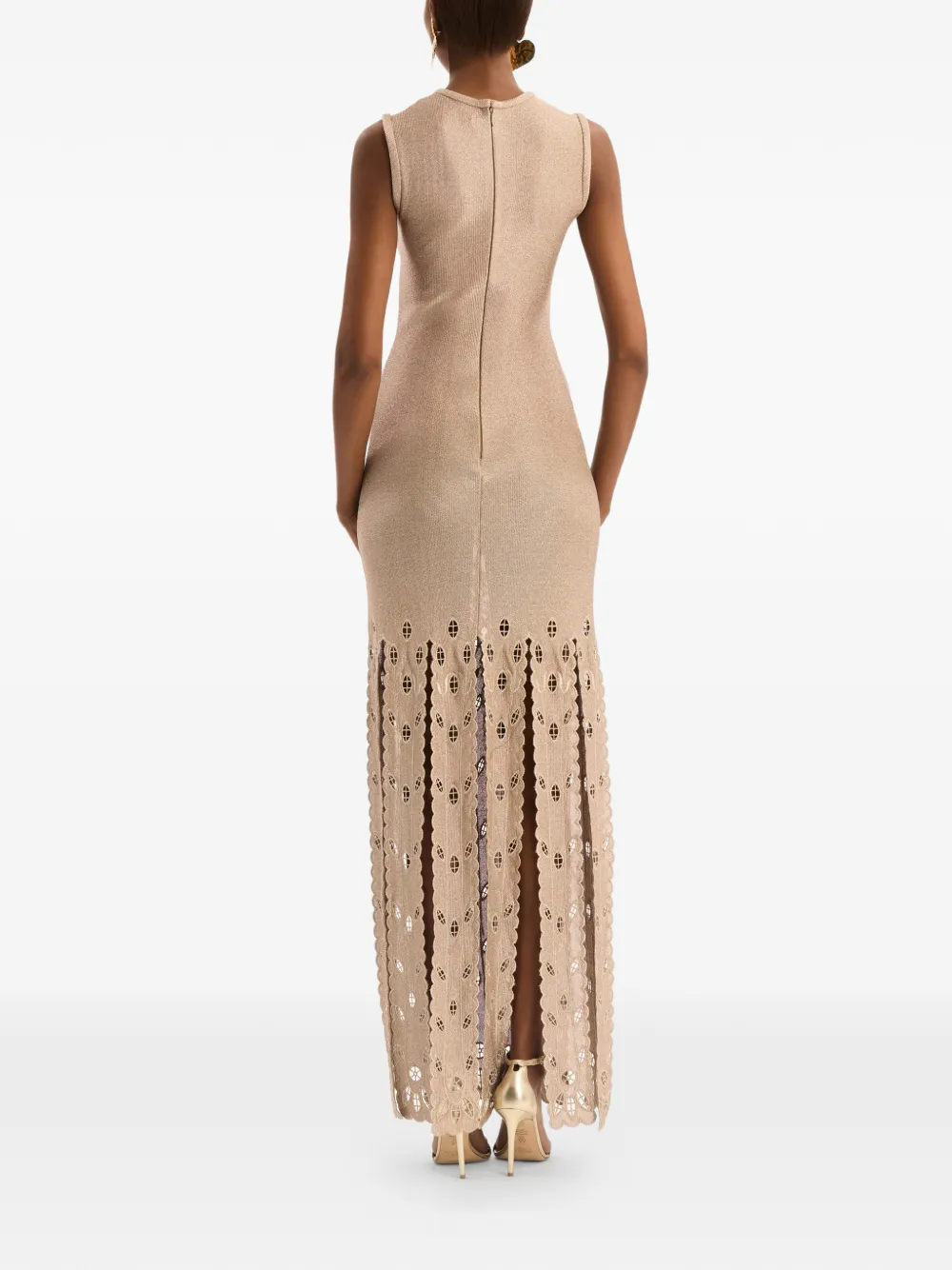 Oscar de la Renta Metallic jersey jurk met franje en ananas Beige