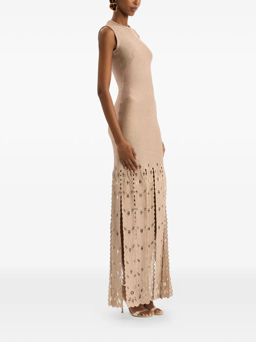 Oscar de la Renta Metallic jersey jurk met franje en ananas Beige