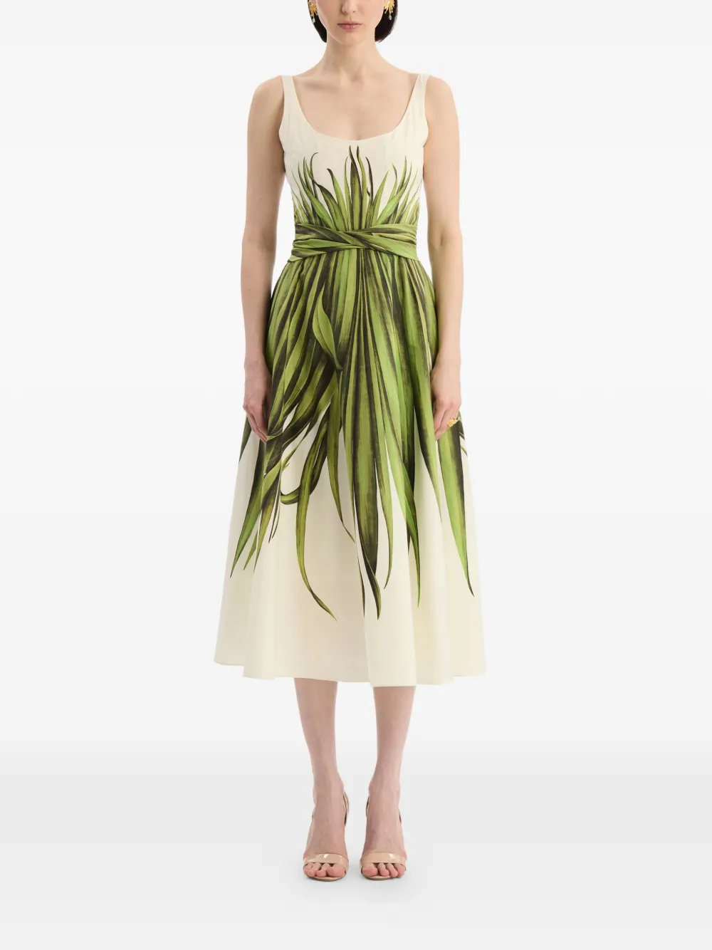 Oscar de la Renta Katoenen popeline jurk met palmbladeren Beige
