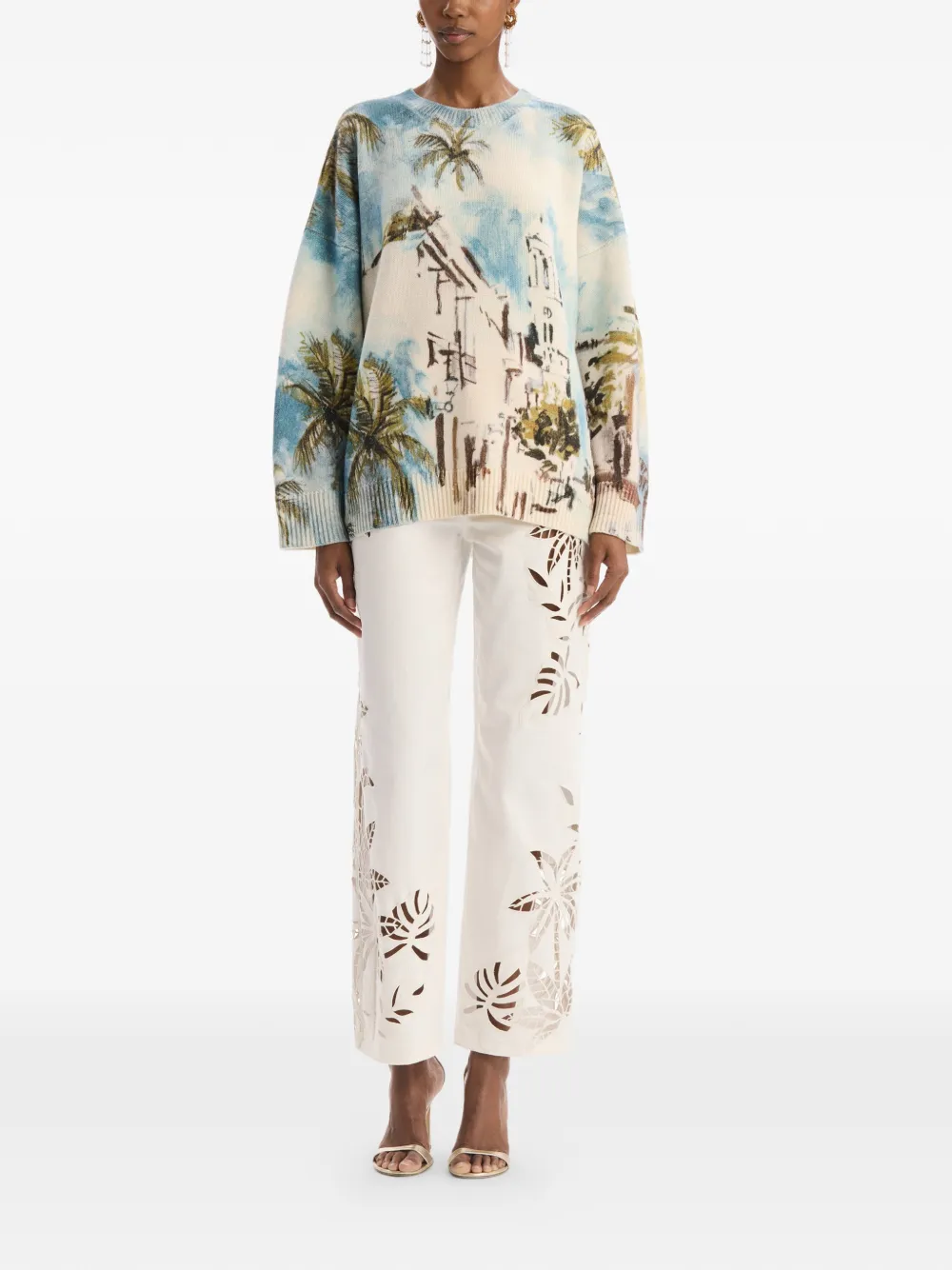 Oscar de la Renta Oversized trui met Dominicaans landschap Beige