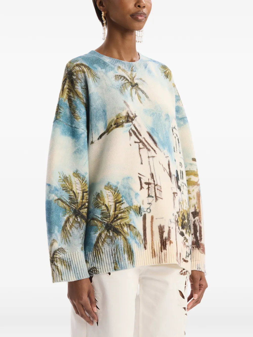 Oscar de la Renta Oversized trui met Dominicaans landschap Beige