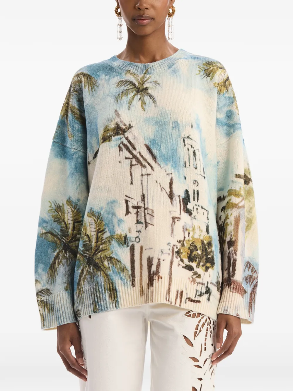 Oscar de la Renta Oversized trui met Dominicaans landschap Beige