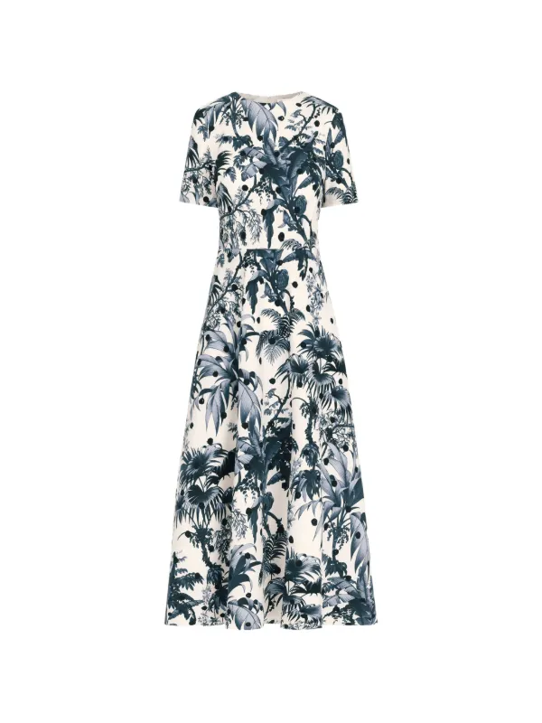 Oscar de la Renta Dotted Palm Leaves Cotton Poplin Short-sleeve Dress in Neutrals