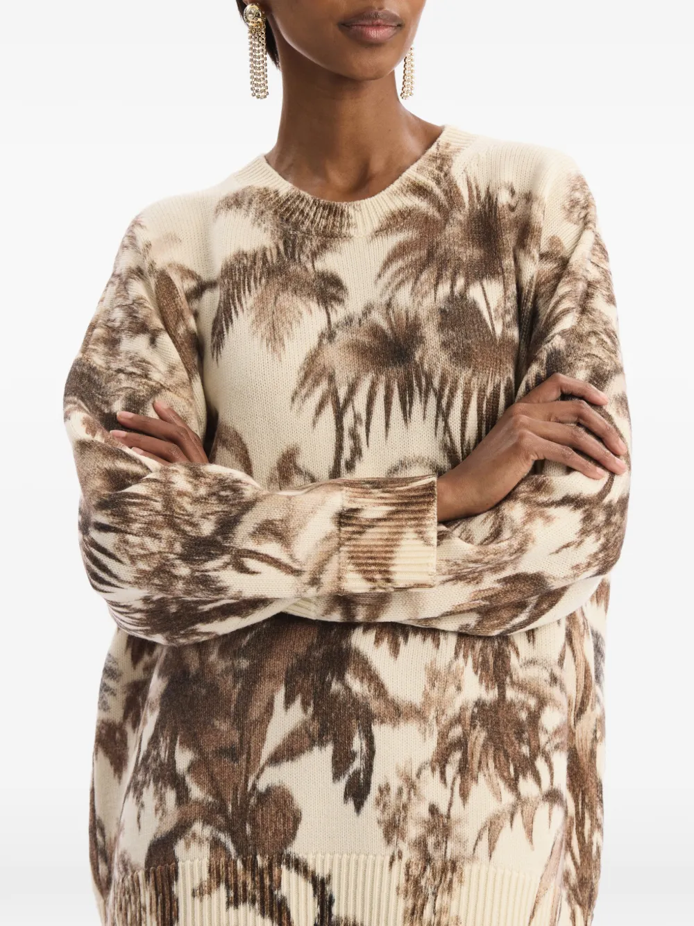 Oscar de la Renta Chiné oversized trui met palmbladeren Beige