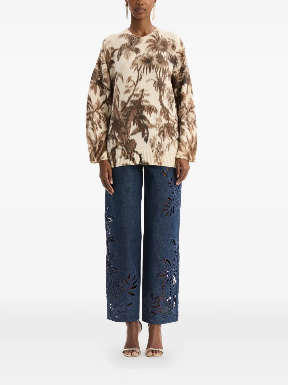 Oscar de la Renta Chiné oversized trui met palmbladeren Beige