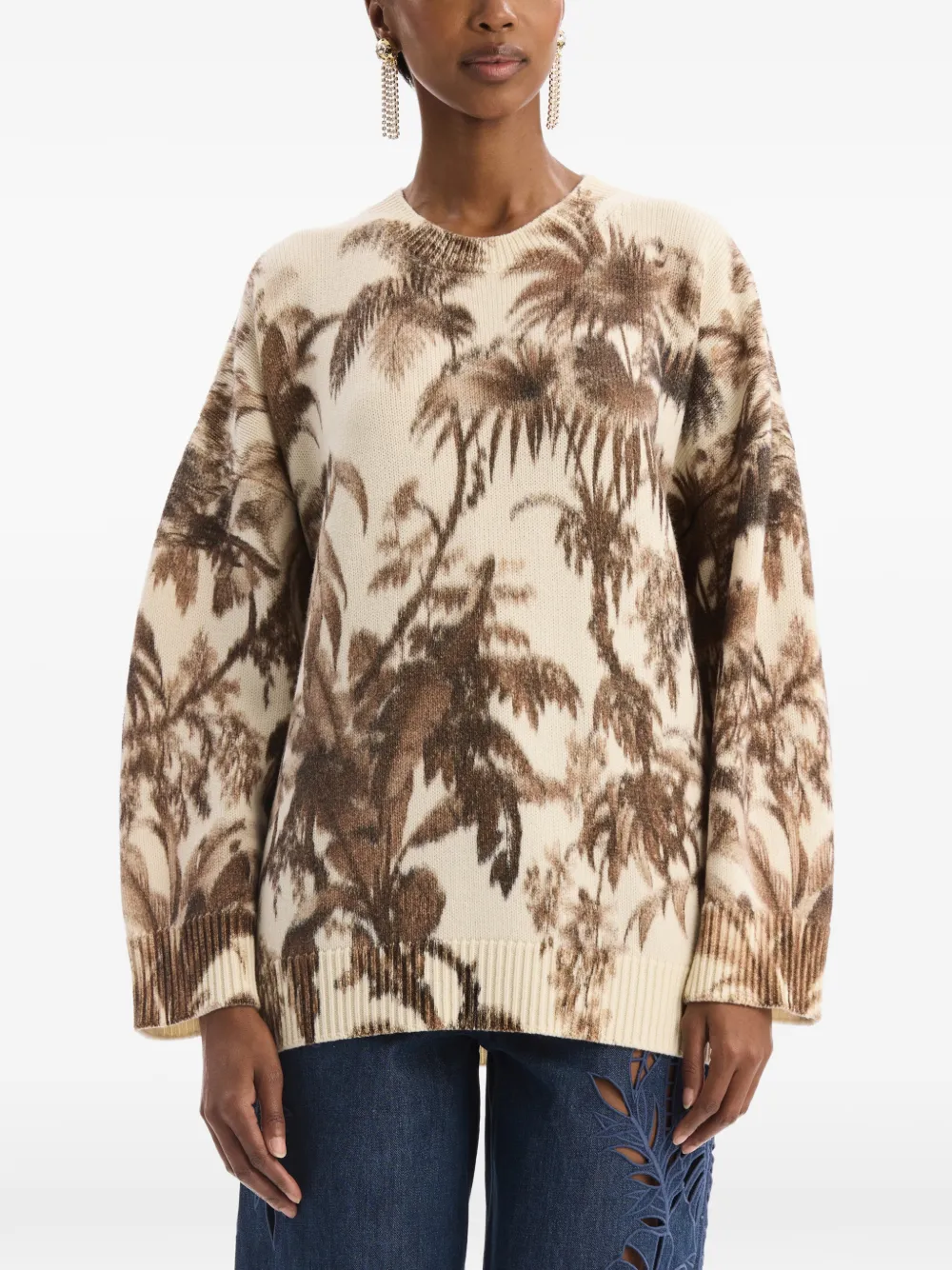 Oscar de la Renta Chiné oversized trui met palmbladeren Beige