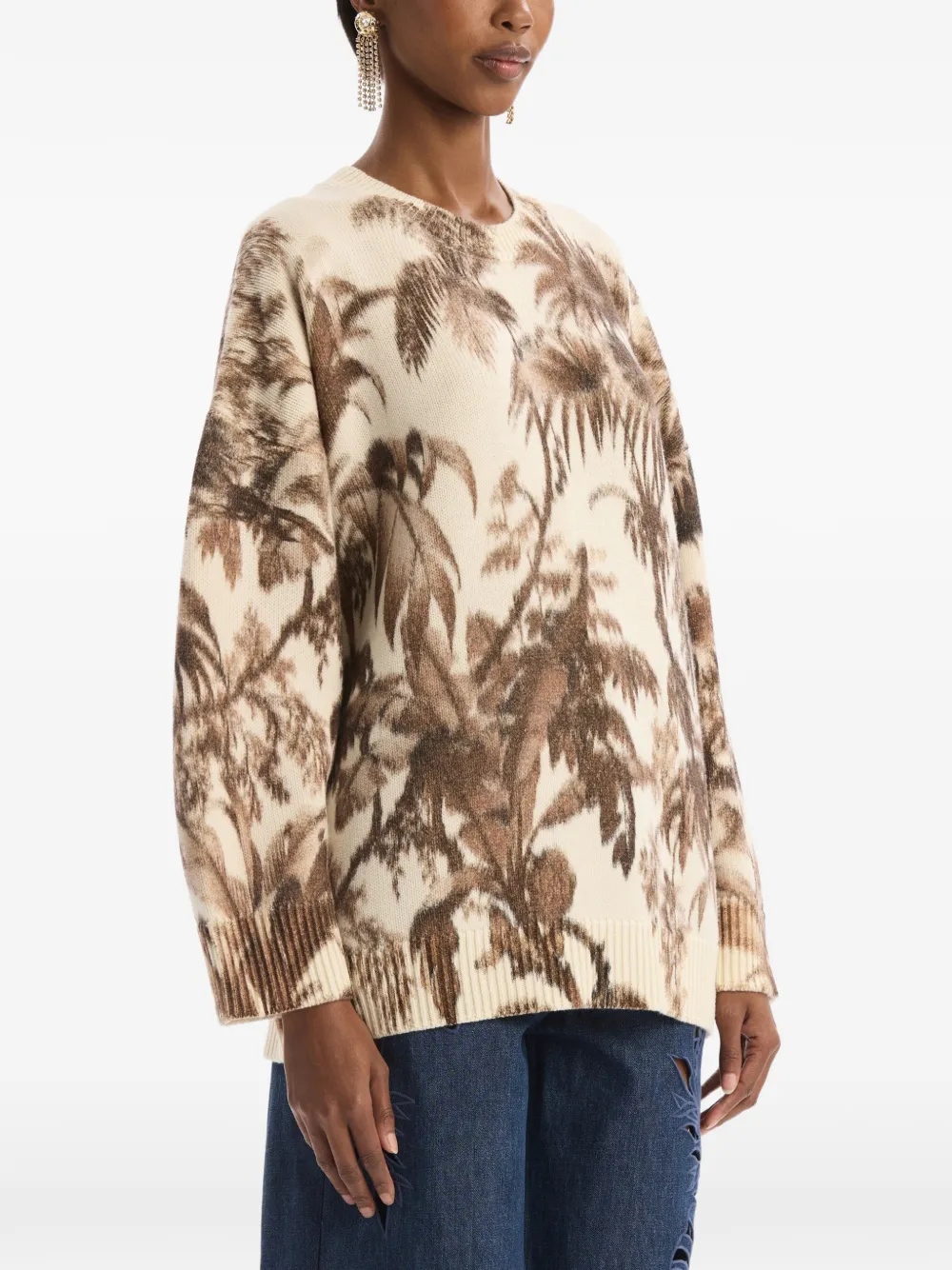 Oscar de la Renta Chiné oversized trui met palmbladeren Beige