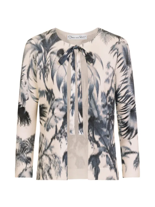 Oscar de la Renta Chiné Palm Leaves Cardigan in Neutrals