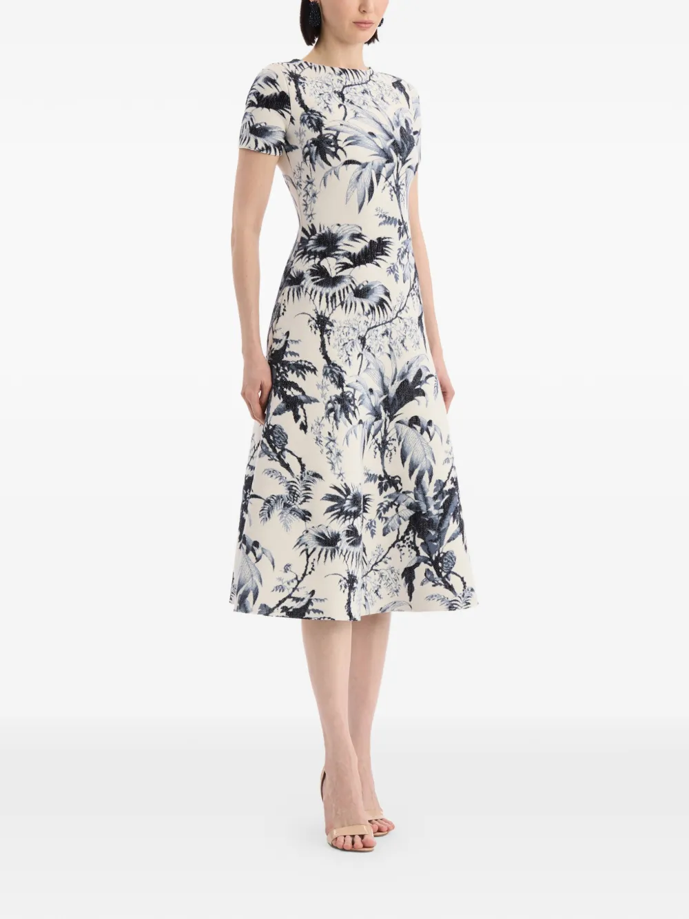 Oscar de la Renta Chiné gebreide jurk met palmbladeren Beige