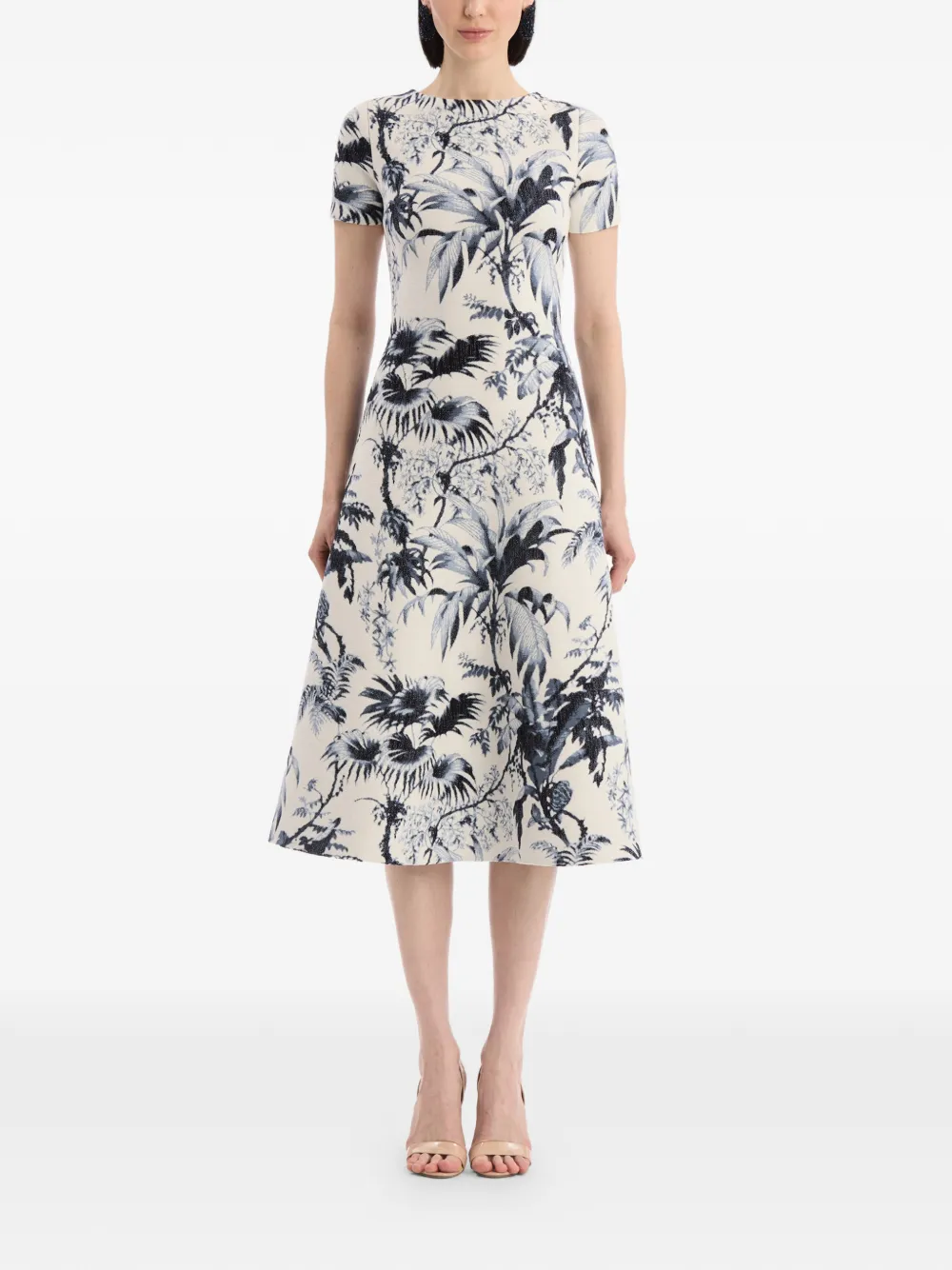 Oscar de la Renta Chiné gebreide jurk met palmbladeren Beige