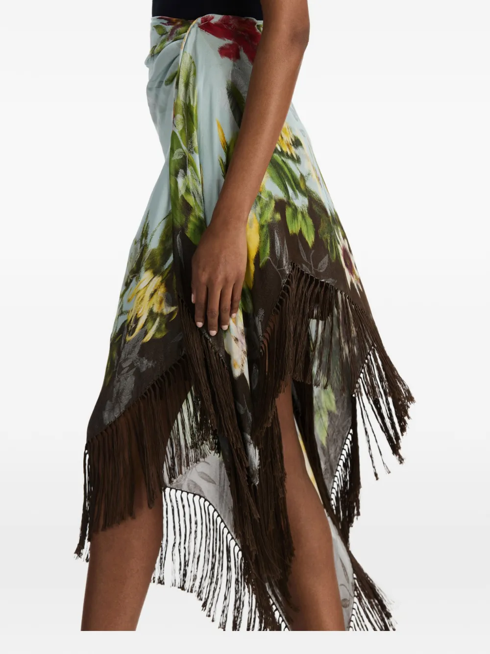 Oscar de la Renta Dominican Mixed-floral Fringe Skirt in Blue, view 3