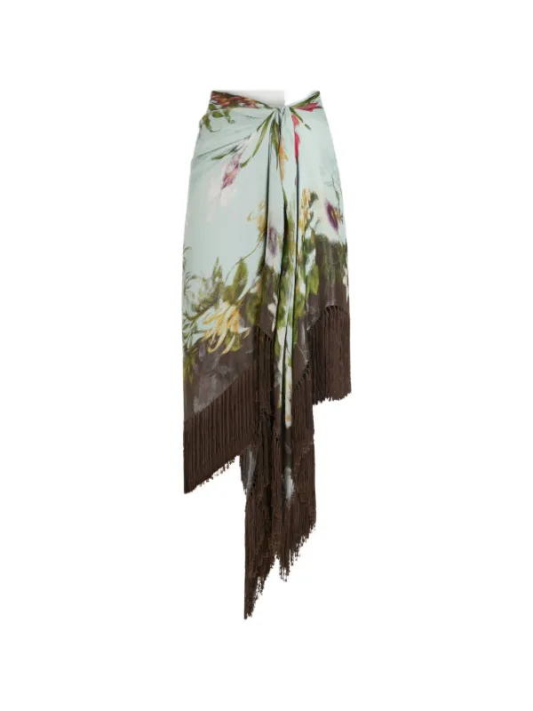 Oscar de la Renta Dominican Mixed-floral Fringe Skirt in Blue