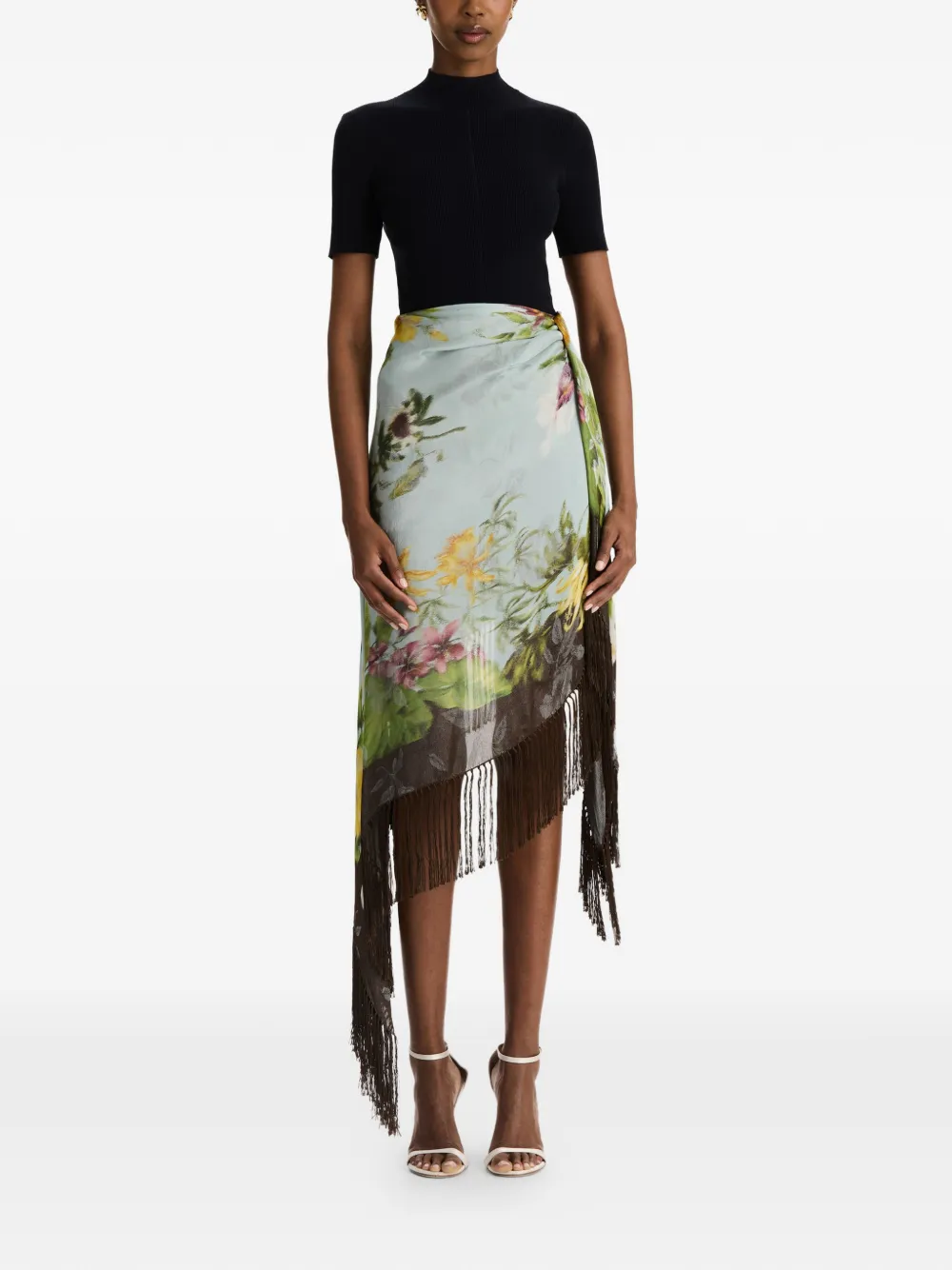 Oscar de la Renta Dominican Mixed-floral Fringe Skirt in Blue, view 2