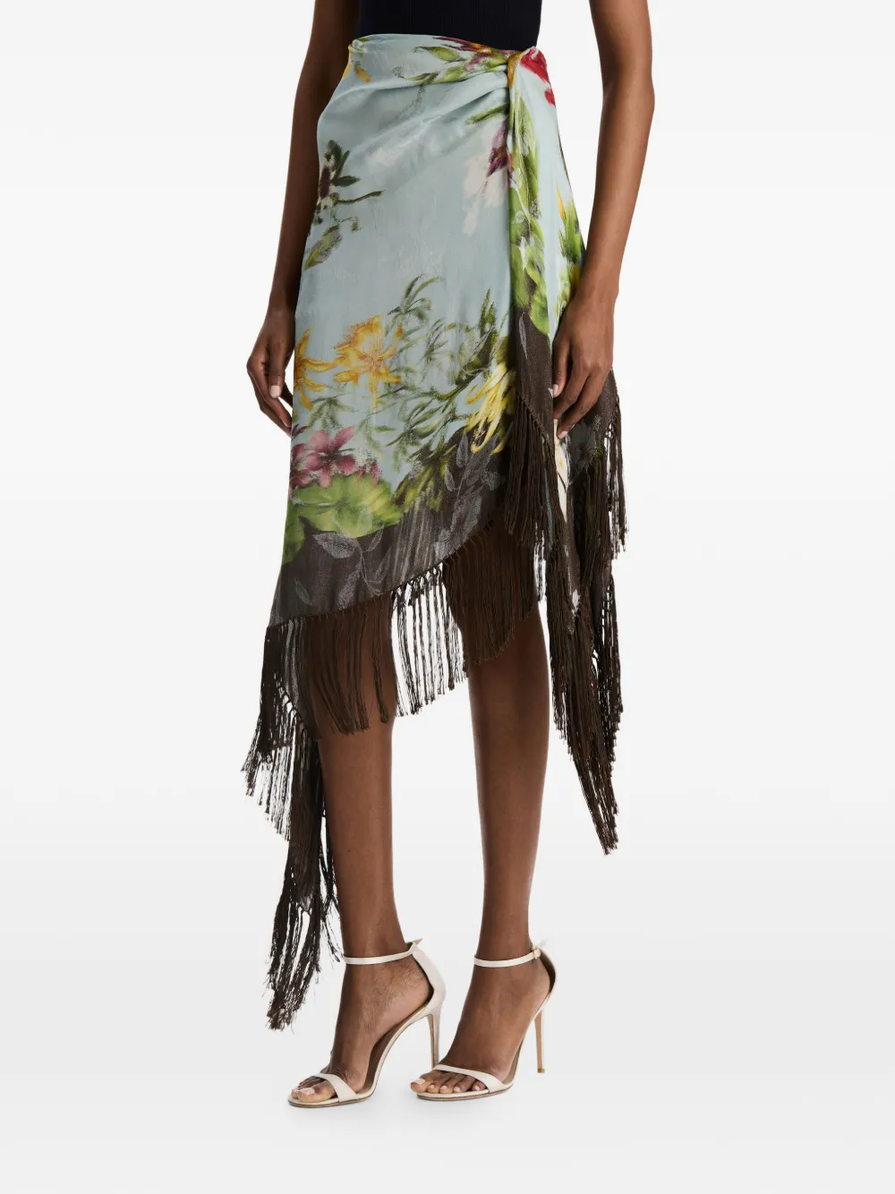 Oscar de la Renta Dominican Mixed-floral Fringe Skirt in Blue, view 4