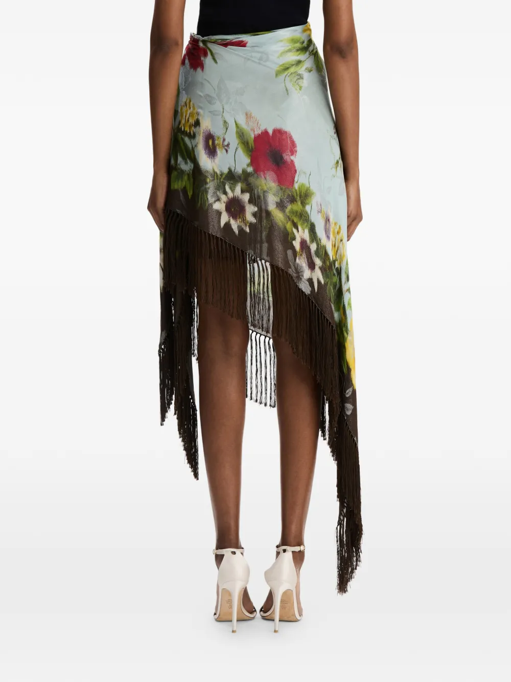 Oscar de la Renta Dominican Mixed-floral Fringe Skirt in Blue, view 5