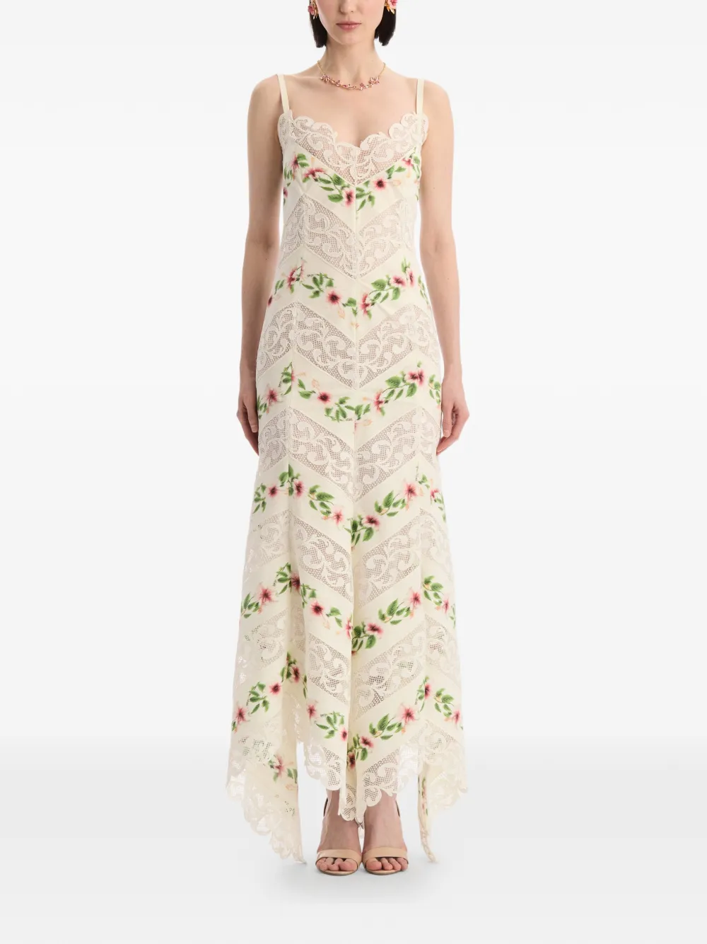 Oscar de la Renta Chiné gestreepte katoenen popeline jurk met hibiscus-detail Beige