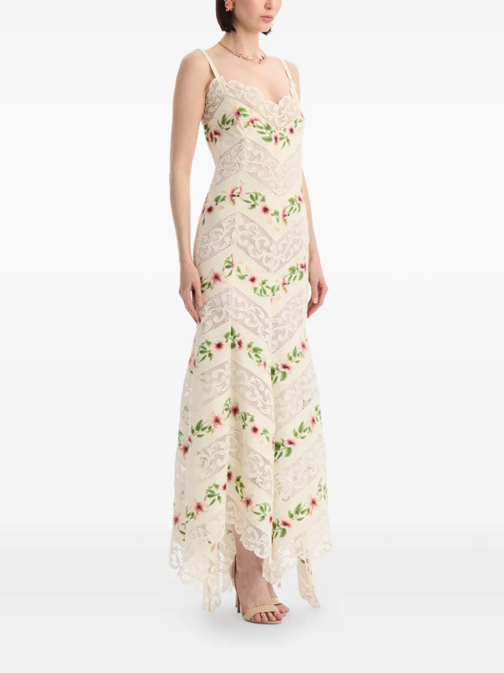 Oscar de la Renta Chiné gestreepte katoenen popeline jurk met hibiscus-detail Beige
