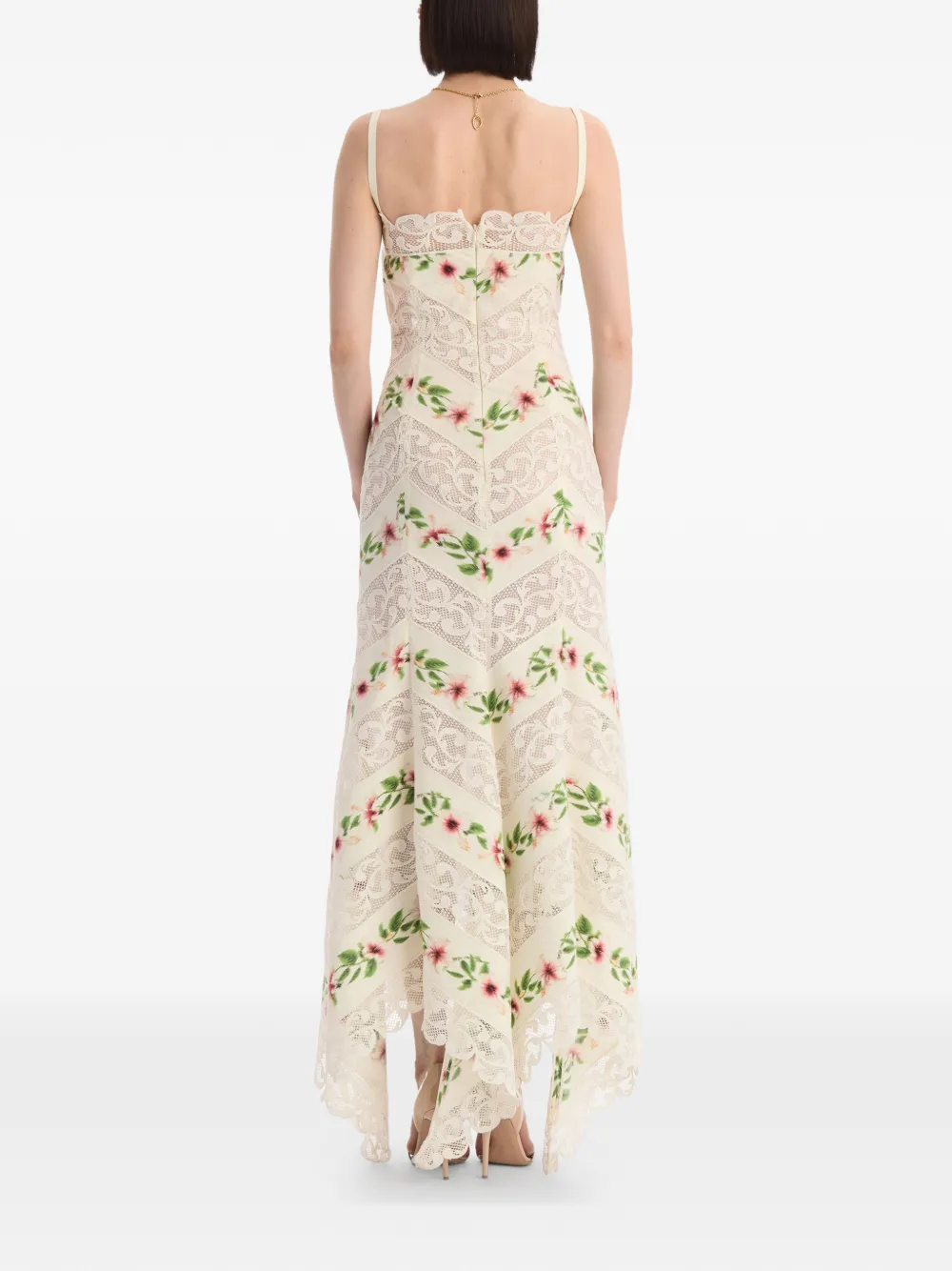Oscar de la Renta Chiné gestreepte katoenen popeline jurk met hibiscus-detail Beige
