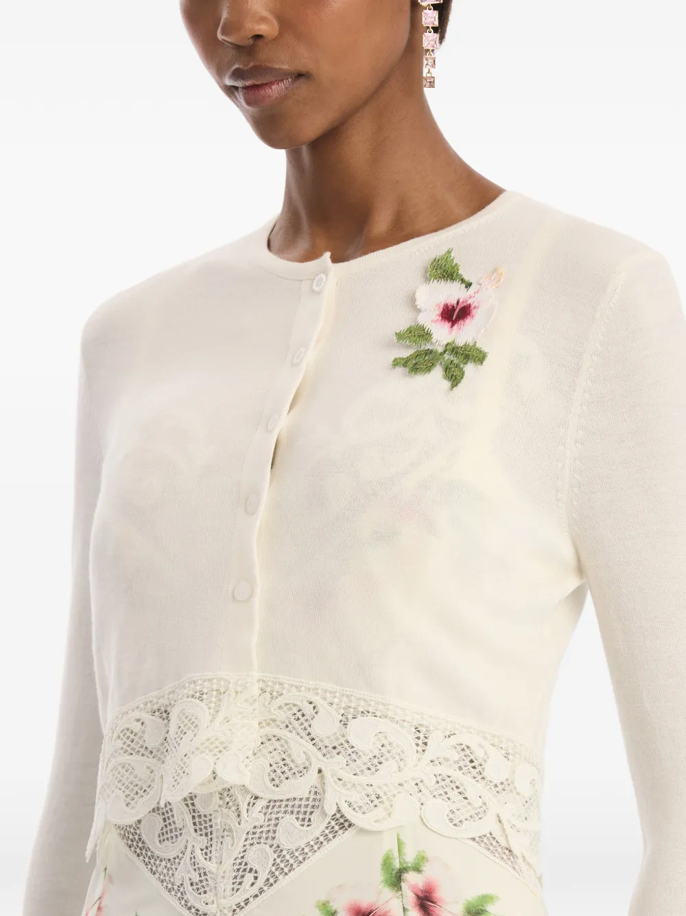 Oscar de la Renta Chiné cropped vest met hibiscus-detail Beige